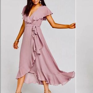 SHOW ME YOUR MU MU JESS RUFFLE MIDI CHIFFON POLYESTER ROSE WRAP DRESS SIZE XXS